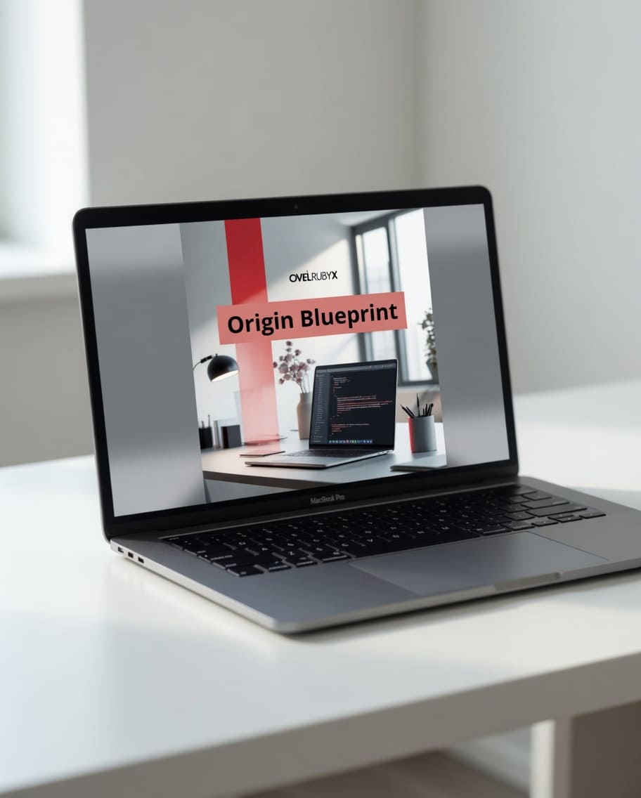 Laptop on a white surface displaying an 'Origin Blueprint' screen.
