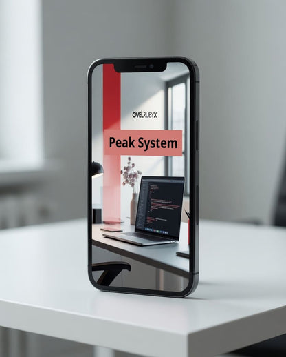 Phone displaying a 'Peak System' app on a desk with a blurred office background