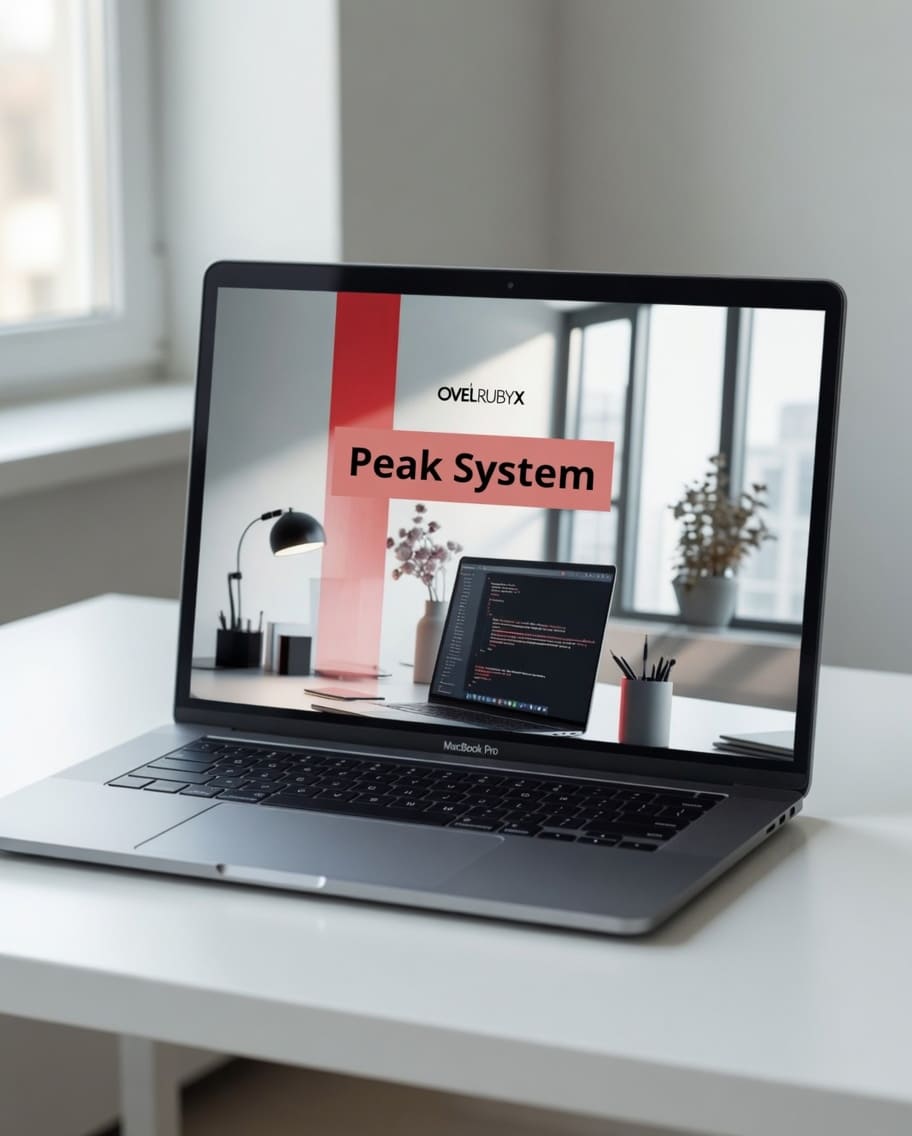 Laptop on a desk displaying an 'Ovel Ruby' Peak System presentation.