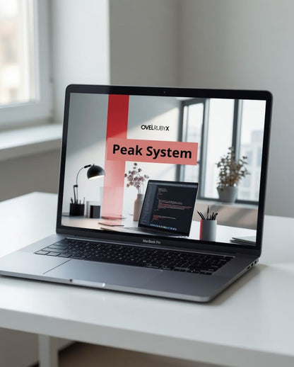 Laptop on a desk displaying an 'Ovel Ruby' Peak System presentation.