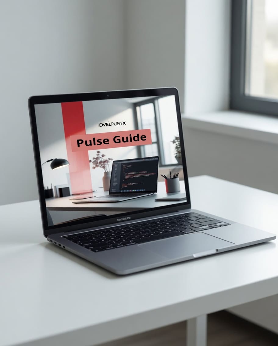 Laptop on a white desk with a screen displaying 'Pulse Guide' from Cвел Ruby X.