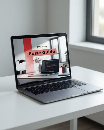 Laptop on a white desk with a screen displaying 'Pulse Guide' from Cвел Ruby X.