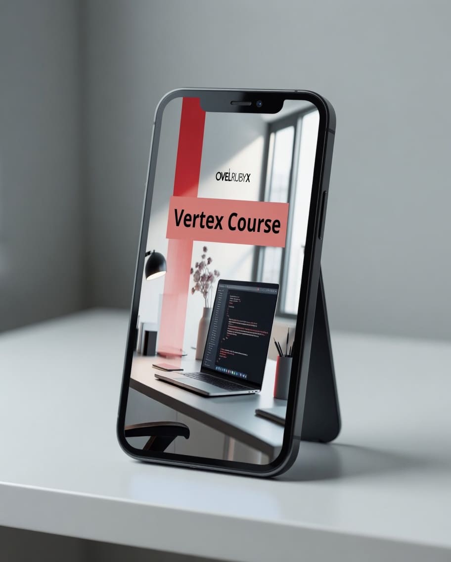 Phone displaying a 'Vertex Course' overlay on a minimalistic desk setup