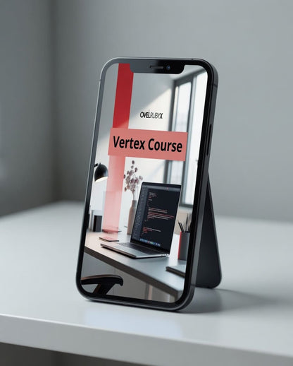 Phone displaying a 'Vertex Course' overlay on a minimalistic desk setup