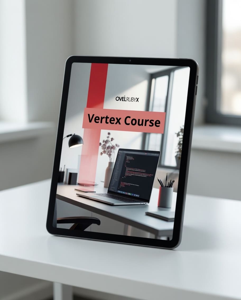 Tablet displaying a 'Vertex Course' on a desk with a blurred office background