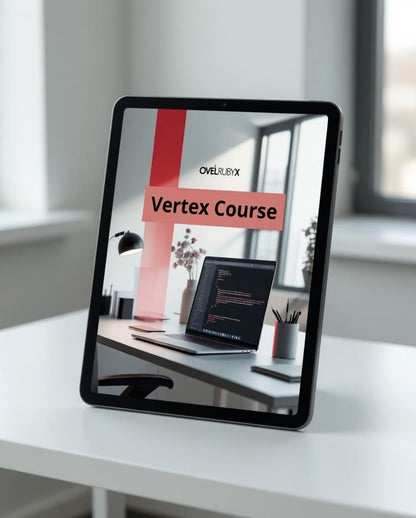 Tablet displaying a 'Vertex Course' on a desk with a blurred office background