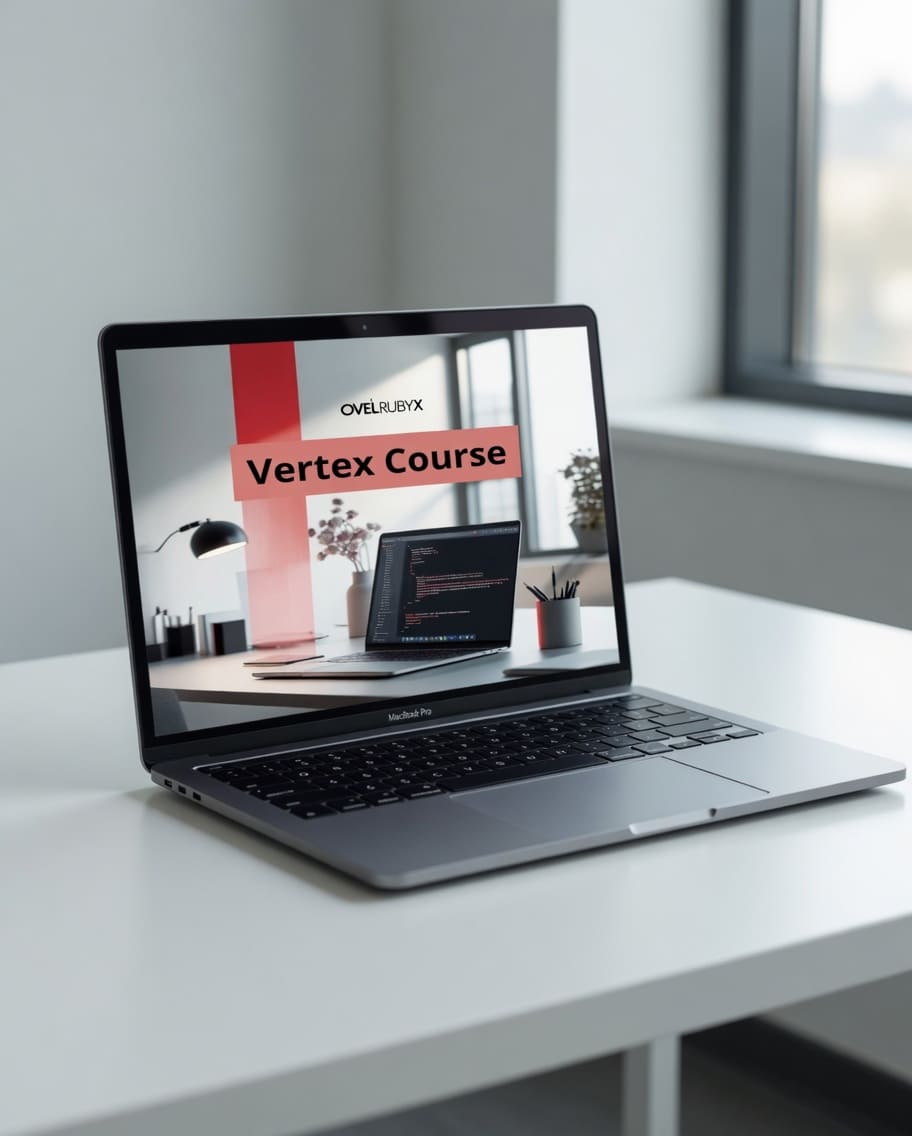 Laptop on a white desk with Overburyx Vertex Course displayed on the screen
